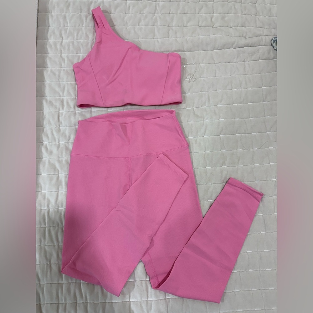 Pink Women's One-Shoulder Athletic Tights Set